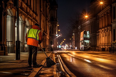 夜晚打扫街道的清洁工人高清图片