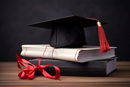 一堆证书毕业帽上的红丝带背景