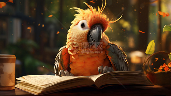 阅读书本的鹦鹉图片