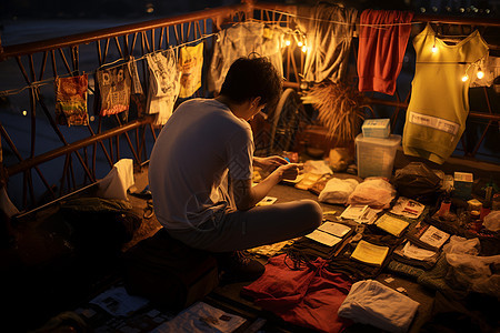 夜晚摆摊的男子背景图片