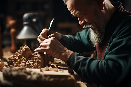 手艺人在工作室里认真刻画高清图片