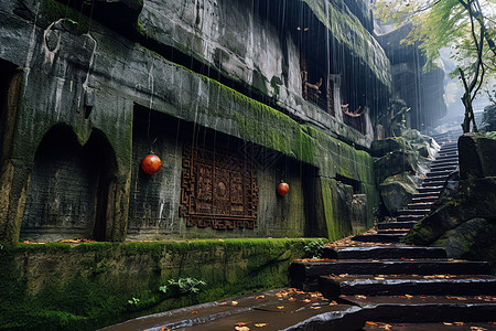 幽静森林中的建筑阶梯图片