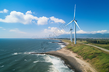 海洋发电湖泊边是风电发电机背景