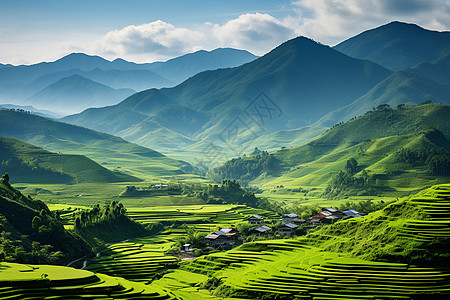 梯田茶园绿色山谷与村庄背景