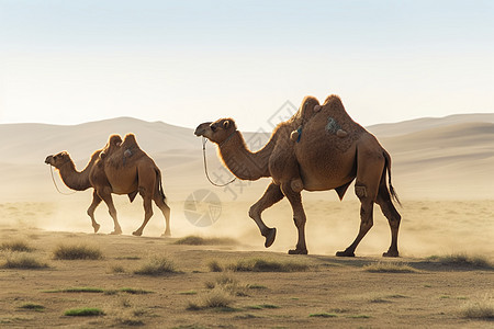 骆驼在天空下的丘陵上行进图片