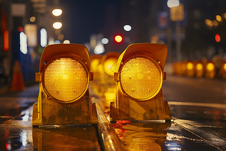 城市夜晚的黄色交通信号灯图片