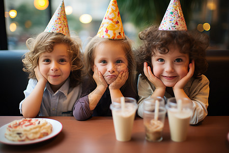 三个孩子戴着生日帽图片