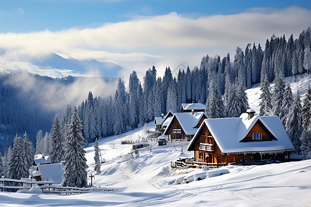 冬日山居冬天森林雪景高清图片