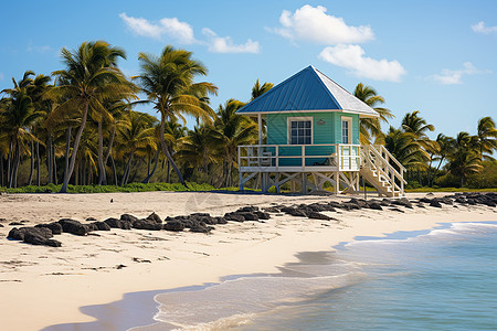 沙滩上蓝色的小木屋图片
