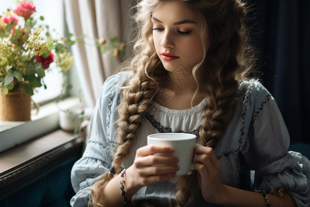 年轻女子沙发上品味咖啡图片