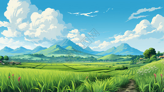 天空下绿油油的稻田图片