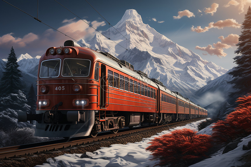 火车穿越雪山美景图片