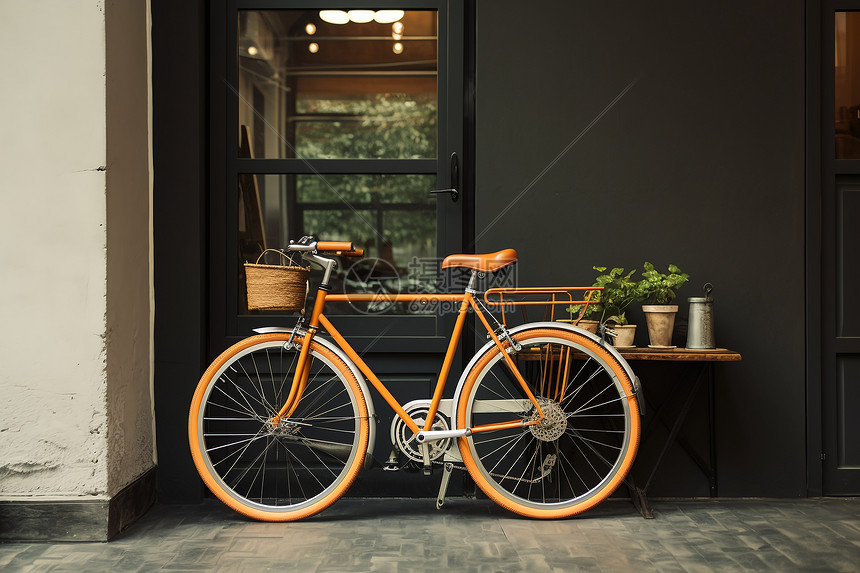 咖啡店外的橘色自行车图片