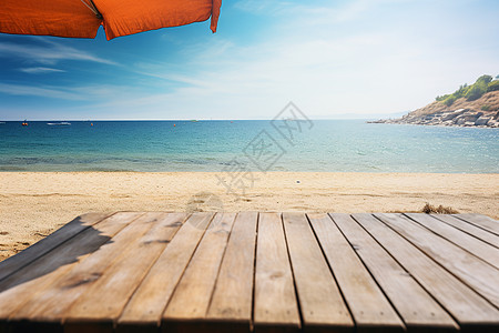 夏季海滩沙滩上的木质地板背景