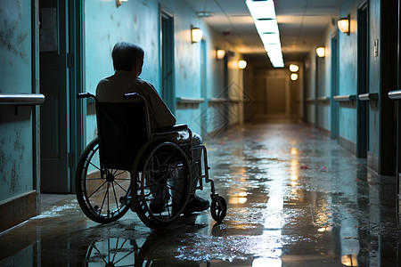 走廊中坐在轮椅上的老人高清图片
