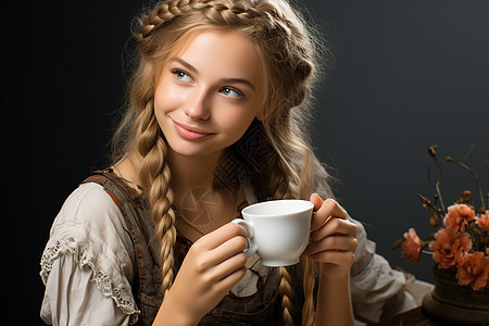 手拿咖啡杯的年轻女孩图片