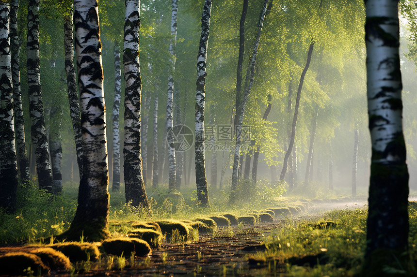 夏季清晨茂盛的白桦林图片