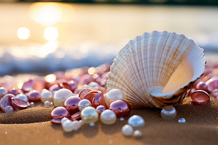 海边沙滩上的珍珠贝壳图片
