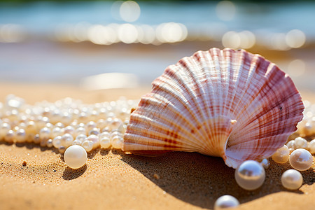 沙滩上美丽的珍珠和贝壳图片