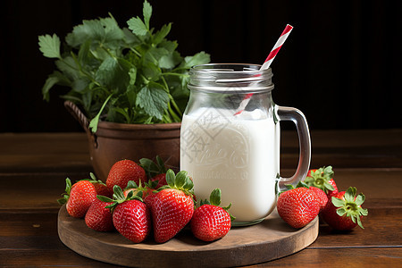 新鲜的草莓和牛奶图片