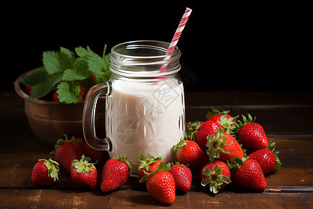 牛奶和草莓摆放在桌子上图片