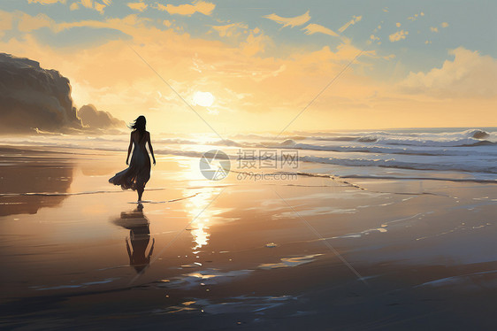 夕阳下海滩上的女子图片