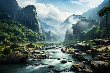 绿色水墨山水山水田园笔墨之美背景