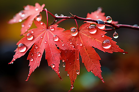 红色枫叶上的水滴图片