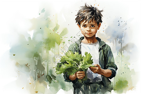 小男孩手中握着一束蔬菜图片