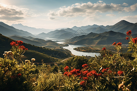 湖花映彩的山间景色背景图片