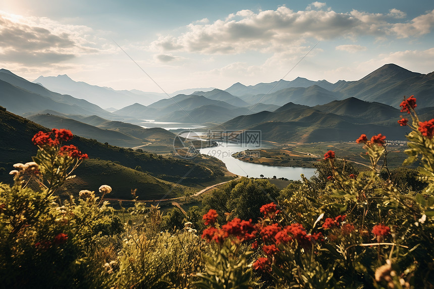 湖花映彩的山间景色图片