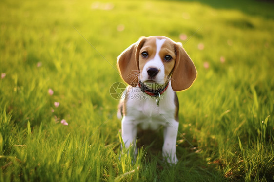 小猎犬在草地上玩耍图片