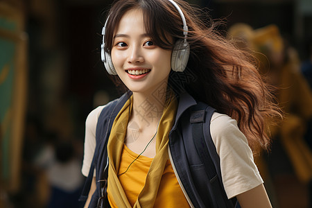 活力四溢的女大学生戴着耳机图片