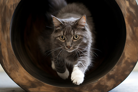 猫咪穿行于木质管道中图片