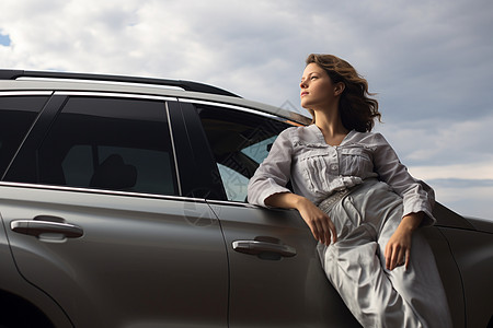 車子轻靠车边的女士背景