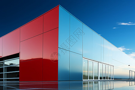红蓝楼反射于水中蓝天白云背景下的一张照片图片