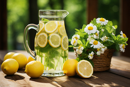 桌上的柠檬水和花束图片