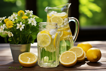 桌上的柠檬水和花束图片