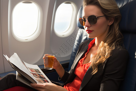 带着墨镜的女人在飞机上看杂志图片