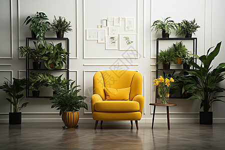 客厅中的黄色单人沙发和绿植图片