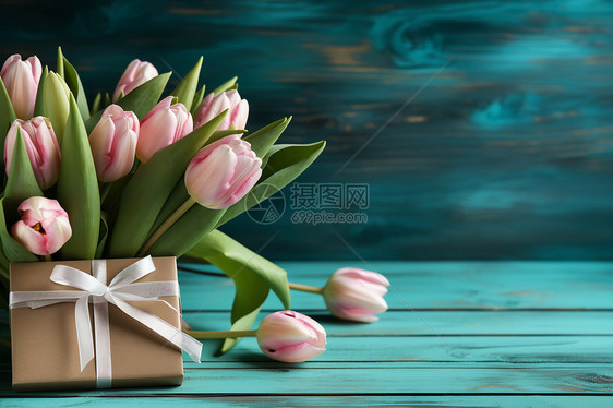 美丽花束和信封在绿色木板上图片