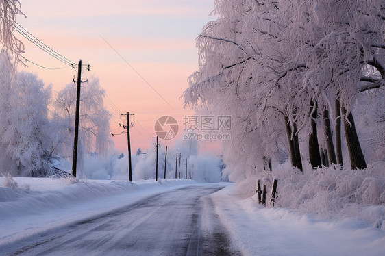 白雪覆盖的乡村街道图片