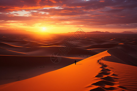 沙漠日落中的孤独旅行者图片