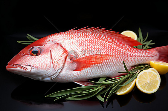 黑色背景的红鱼和柠檬片图片