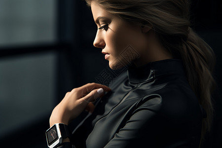 独立女性戴着智能手表背景图片