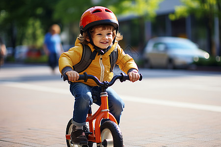 小男孩骑着自行车穿梭于街头图片
