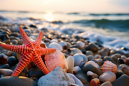 海岸边的海螺和海星背景图片