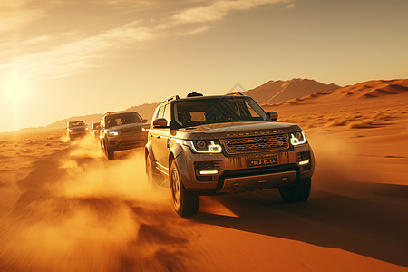 车队行驶在沙漠图片