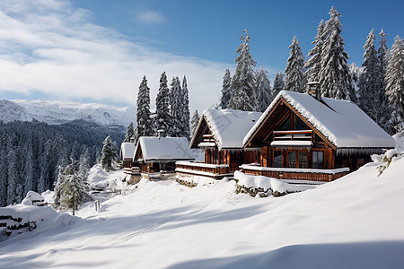 雪山的小屋图片