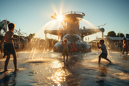 喷泉下戏水的孩子背景图片